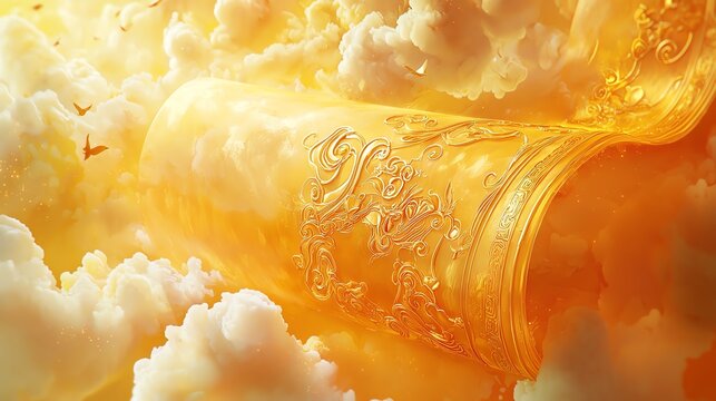 A surreal scene of golden clouds embracing a majestic scroll, evoking dreams and imagination in a heavenly atmosphere.
