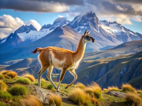 Majestic guanaco runs freely along a mountainous ridge, its soft fur blowing in the wind, with a stunning Andean landscape unfolding in the background.