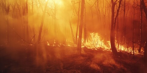 Fototapeta premium Burned trees in a Deciduous Forest fire caused by a wildfire leading to pollution and smoke