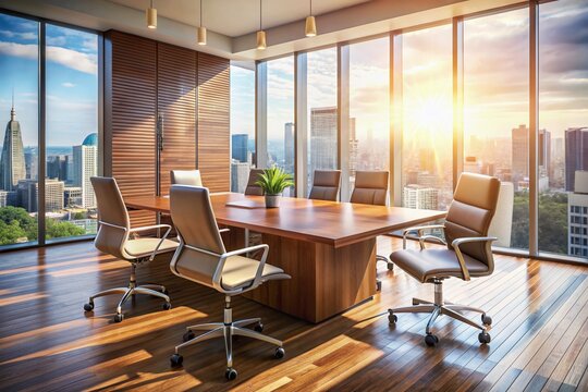 Polished wooden desk with sleek chairs, bright modern office with abundant natural light, abstract representation of business partnership and successful deal.