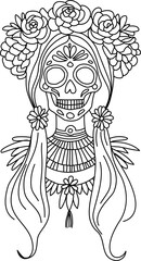 Day of the Dead beautiful sugar skull woman icon in outline style. Dia de los muertos. Young lady with flowers in hair and makeup in Halloween style