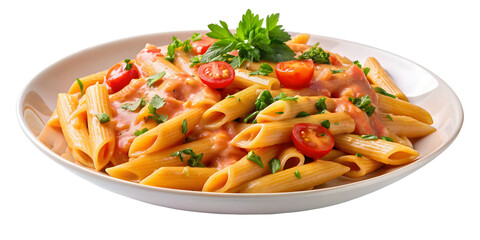 Penne allay Vodka pasta in a pink tomato cream sauce isolated on white background.
