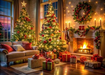 Obraz premium Cozy living room scene on Christmas Eve with festive lighted trees, overflowing gift boxes, and vibrant decorations filling the air with holiday cheer and joy.