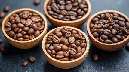 Fototapeta premium Wooden bowls filled with roasted coffee beans on a dark background.