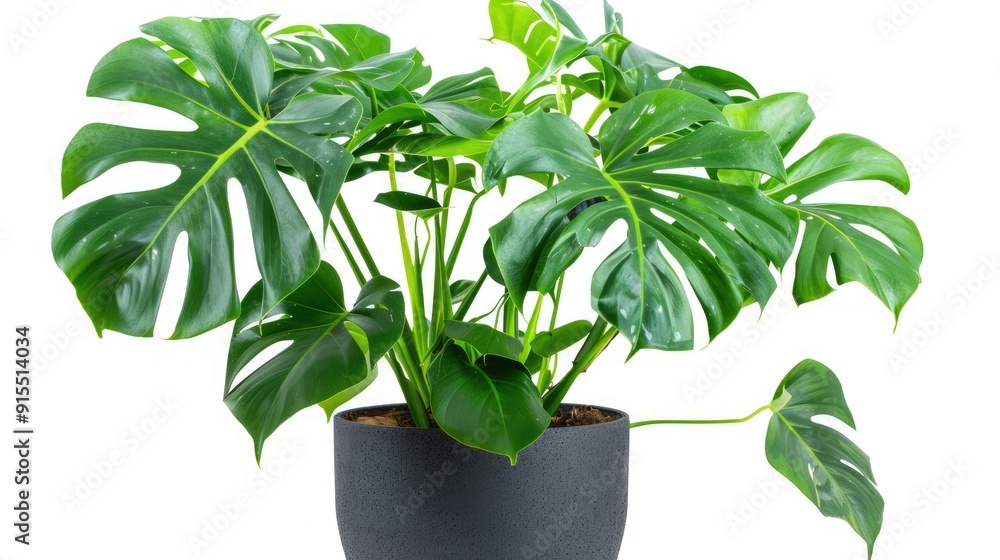 Poster Potted Monstera against white, close-up of indoor tropical plant for decoration.