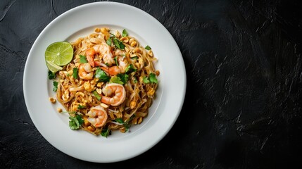 Pad Thai Noodles with Shrimp, Peanuts, and Lime Wedge