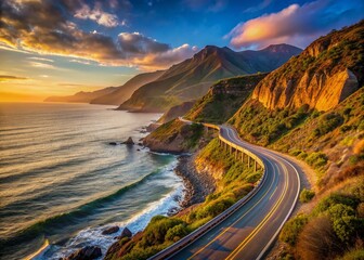 Naklejka premium Coastal road winding through a scenic landscape with mountains, ocean, and clear skies at dawn.