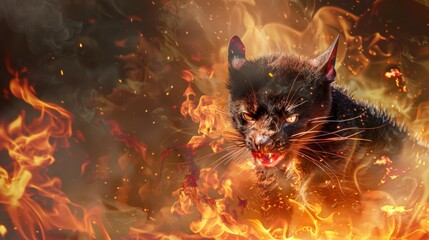 A black cat with fire.