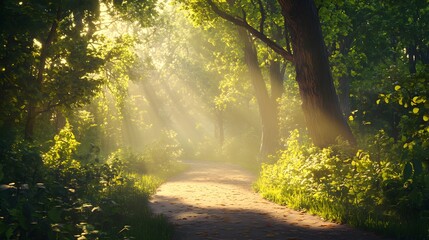 Fototapeta premium Enchanted forest path, vibrant green foliage, sunbeams piercing through trees, misty atmosphere, golden hour light, tall ancient trees, dappled sunlight on forest floor.