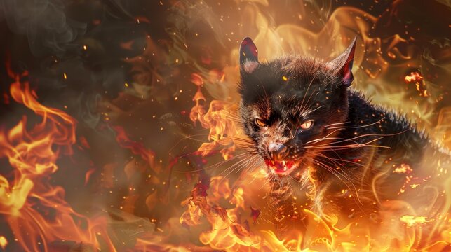 A black cat with fire.