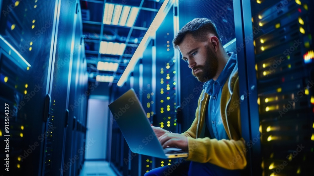 Poster a man is sitting in a server room and using a laptop