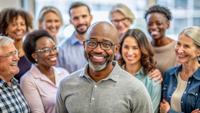 Smiling middle-aged African American man in eyeglasses surrounded by diverse group of people offering emotional support and encouragement in a safe therapeutic setting.