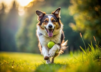 Happy energetic dog in mid-air, tongue out, holding tennis ball in mouth, running freely in lush green grass with blurred background motion effect.