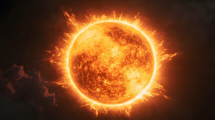 Glowing orange sun, detailed surface texture, solar flares, corona visible, large prominent sunspot, high contrast, celestial body, astronomical photography, space imagery.