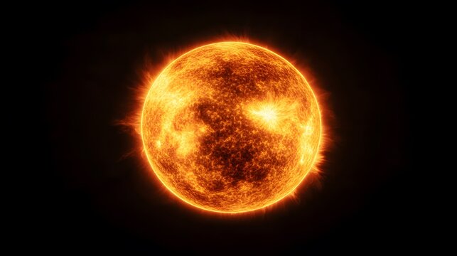 Glowing orange sun, detailed surface texture, solar flares, corona visible, large prominent sunspot, high contrast, celestial body, astronomical photography, space imagery.