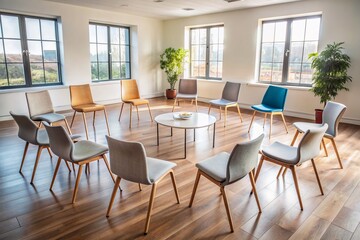 Empty chairs in a circle on a modern room floor awaiting a diverse group of individuals for a communal therapy or support session.