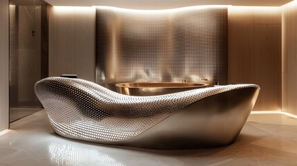 A sleek, modern interior featuring an artistic metallic sofa and ambient lighting, perfect for luxury design inspiration.