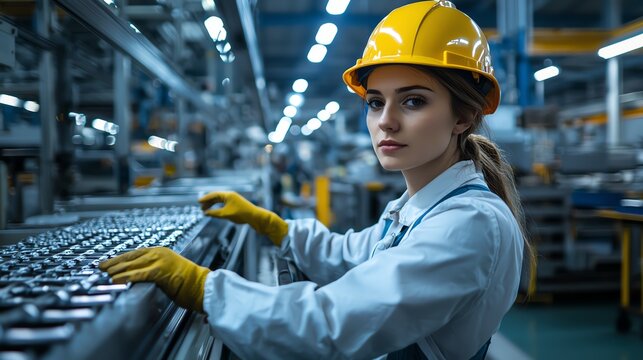 A focused female worker in a safety helmet operating machinery in a modern industrial setting, demonstrating skill and precision.
