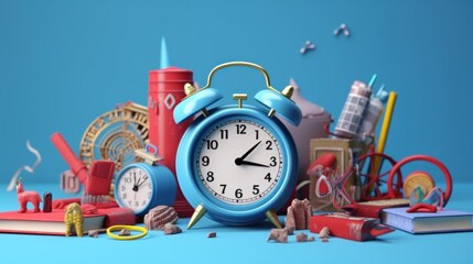 Blue Alarm Clock with Miscellaneous Objects