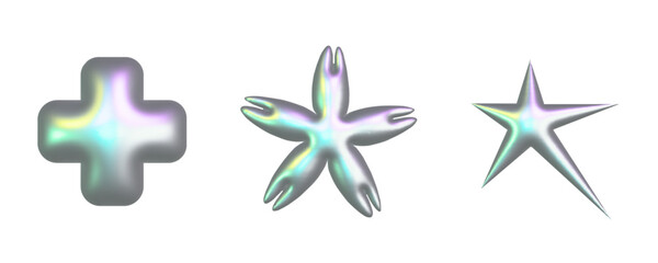 Abstract 3d metal holographic y2k elements set - stars, flowers and other simple geometric shapes with glossy chrome effect. Trendy y2k vector illustration