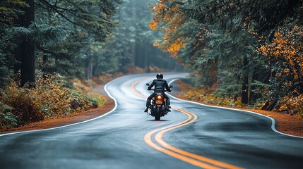 A motorcyclist rides through a winding road surrounded by autumn trees, capturing the essence of adventure and freedom.