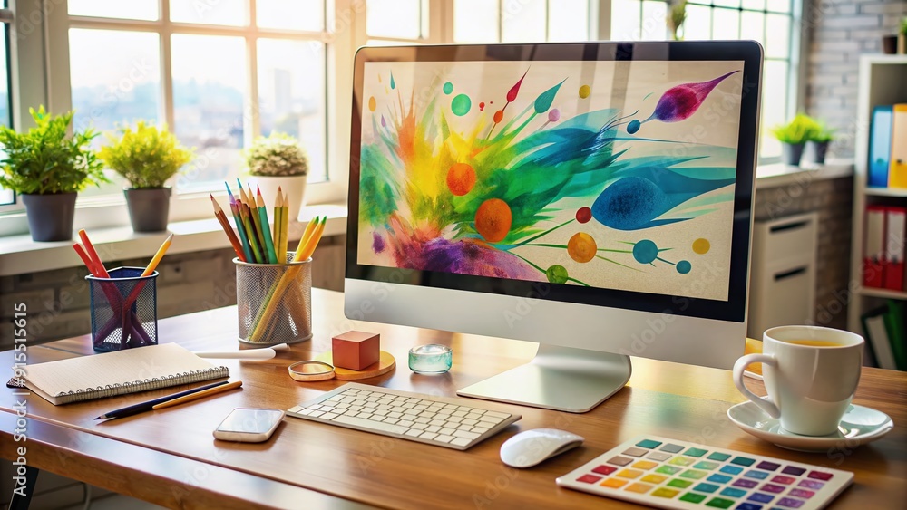 Poster modern computer screen displaying colorful graphic design elements, brushes, and shapes, surrounded 