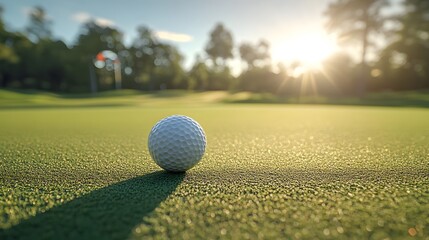 Golf ball on putting green, sunny day, bright natural lighting, golden hour glow, shallow depth of field, blurred background with trees, golf course landscape.