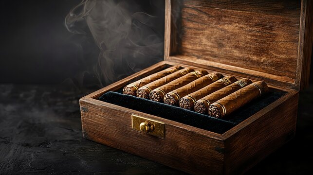 A beautifully crafted wooden cigar box containing several premium cigars, showcasing rich textures and elegant design.