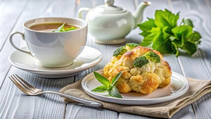 A light breakfast in a restaurant featuring green tea and baked cauliflower, healthy, breakfast, restaurant