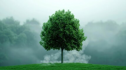 Fototapeta premium Tree with leaves turning into smoke, illustrating pollution's impact on nature and health, environmental message