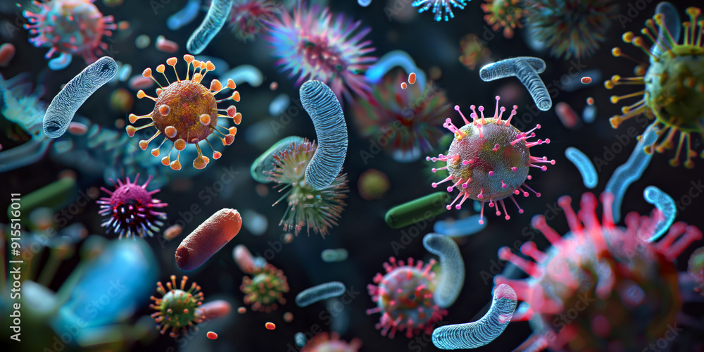 Poster an illustration of various viruses and bacteria floating in a dark background, showcasing their uniq