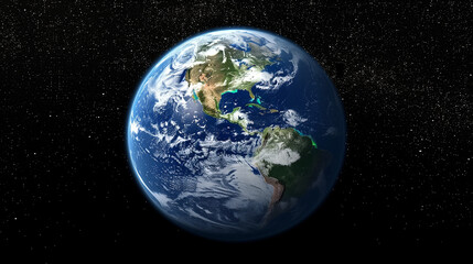 Planet earth from the space at night . 3d render. Planet Earth showcases a mesmerizing spectacle of city lights and clouds from space split between night and day with twinkling stars overhead.