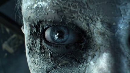 Close-up of a creepy, blue eye with textured skin.