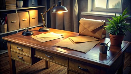 Private detective desk with envelopes labeled as top secret , private detective, desk, envelopes