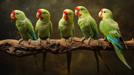 Obraz premium A vibrant group of green parrots perched on a branch, showcasing their colorful feathers and lively expressions.