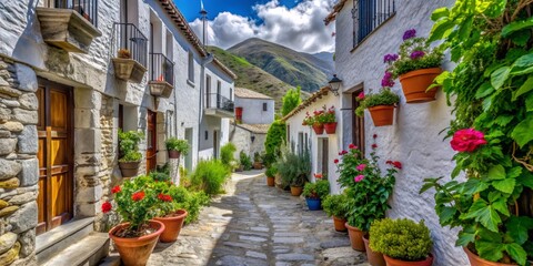 Obraz premium Quaint alleyway in Capileira's old town, Poqueira valley, Las Alpujarras, Spain, features whitewashed slate houses adorned with vibrant flower pots, surrounded by lush greenery.