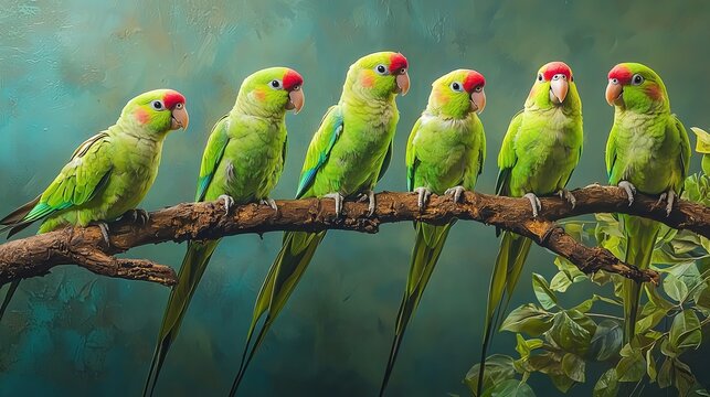 A vibrant group of colorful parrots perched closely on a branch, showcasing their striking green feathers and bright red beaks.