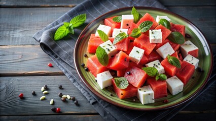 Plate of refreshing watermelon and feta cheese with a hint of black pepper , watermelon, feta cheese, black pepper