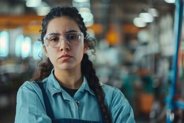 Fototapeta premium Portrait of a young female assembly line worker in factory