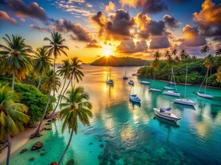 Vibrant sunrise over turquoise lagoon, with sailboats and palm trees lining the shore of a serene tropical island paradise.