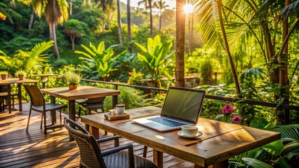 Cozy tropical cafe ambiance in Bali, Indonesia, featuring a laptop and scattered notes on a wooden table, surrounded by lush greenery and natural light.