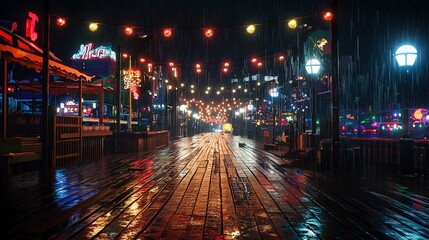 Fototapeta premium A vibrant, rainy night on a wooden boardwalk, illuminated by colorful lights and reflecting puddles, creating a magical atmosphere.