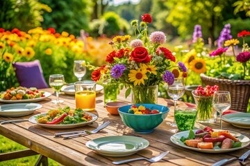 A beautifully set garden table with vibrant flowers and delicious salads, surrounded by colorful plates and glasses, awaiting a big joyful family celebration.