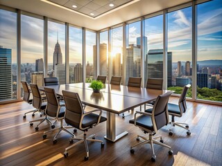 Fototapeta premium Empty modern office boardroom with polished table and chairs, ready for a brainstorming session or business meeting, with inspirational cityscape view beyond.