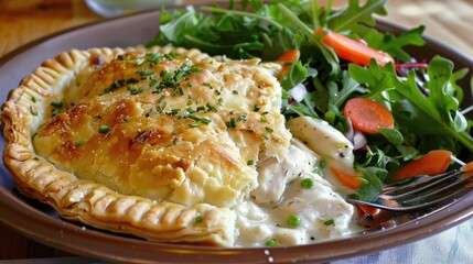 Creamy chicken pot pie with a flaky crust and a side salad