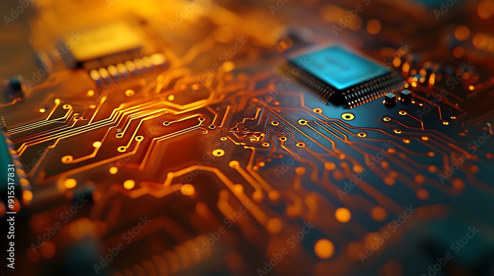 Poster Freshly Assembled Computer Chip Close-Up with Clean Lines and Vibrant Connections