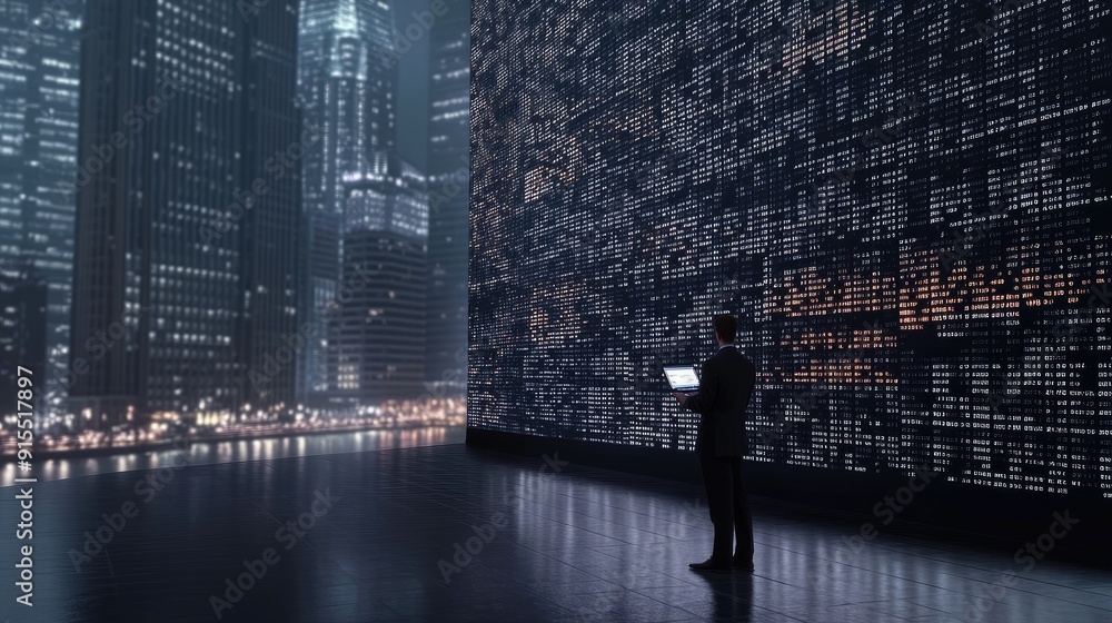Poster a business professional showcases data on a laptop while standing in a modern server room filled wit