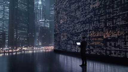 A business professional showcases data on a laptop while standing in a modern server room filled with digital screens displaying charts and global information