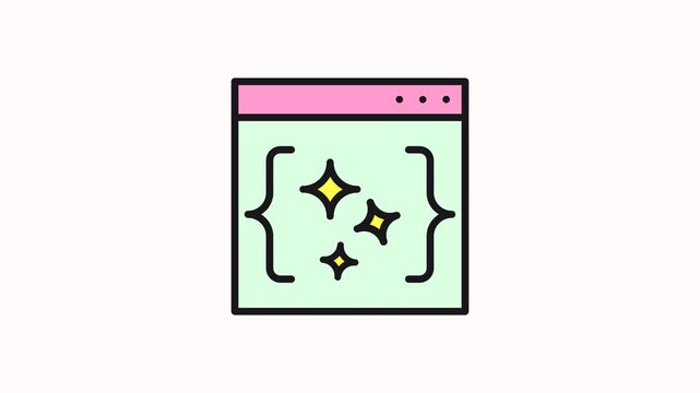 icon motion Web browser window with three sparkling stars and code brackets. 
