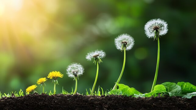A tranquil scene of dandelions at various growth stages in soft sunlight, highlighting nature's beauty and resilience.